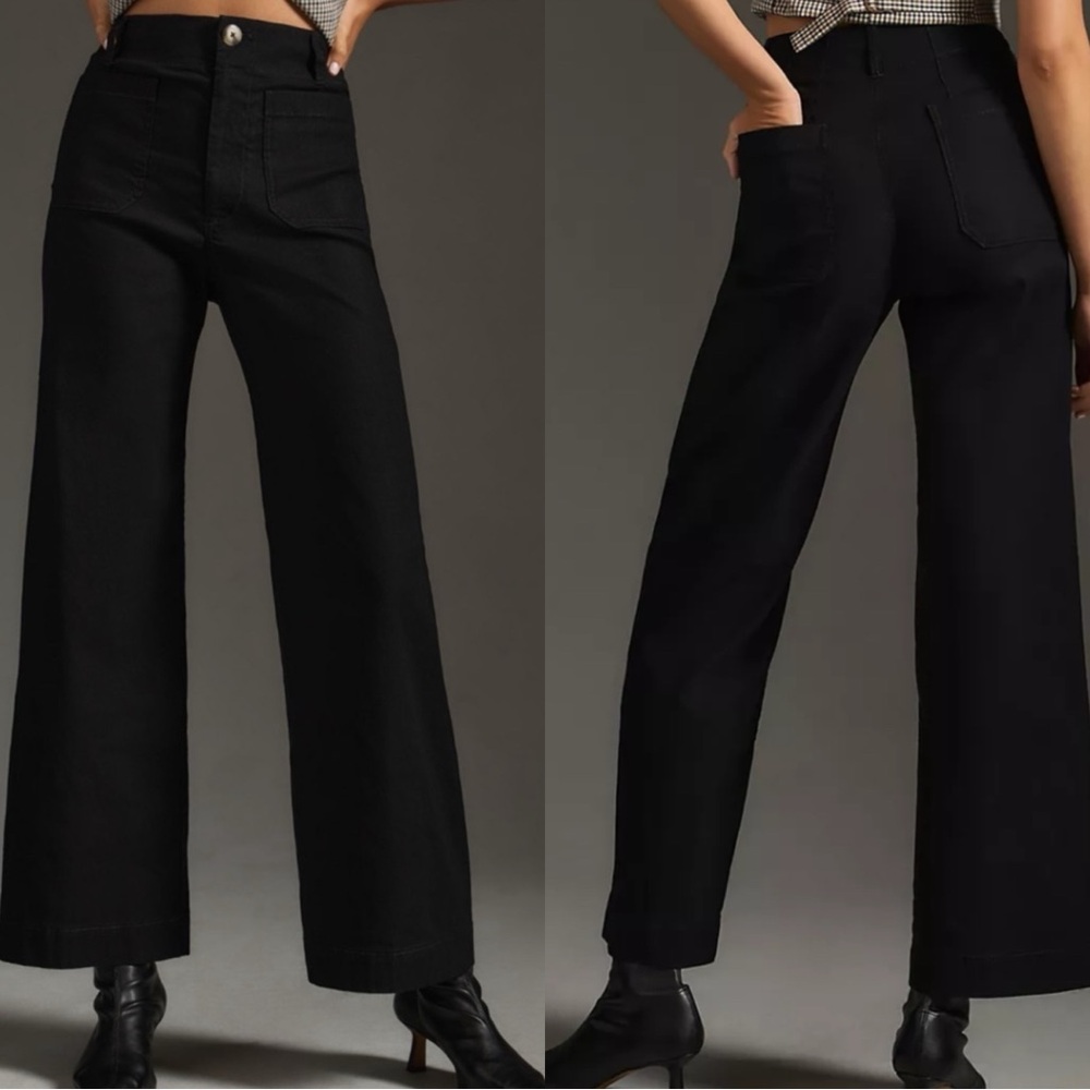 ANTHROPOLOGIE Maeve The Colette Black Linen Wide Leg Crop Pants Trousers - Picture 2 of 11
